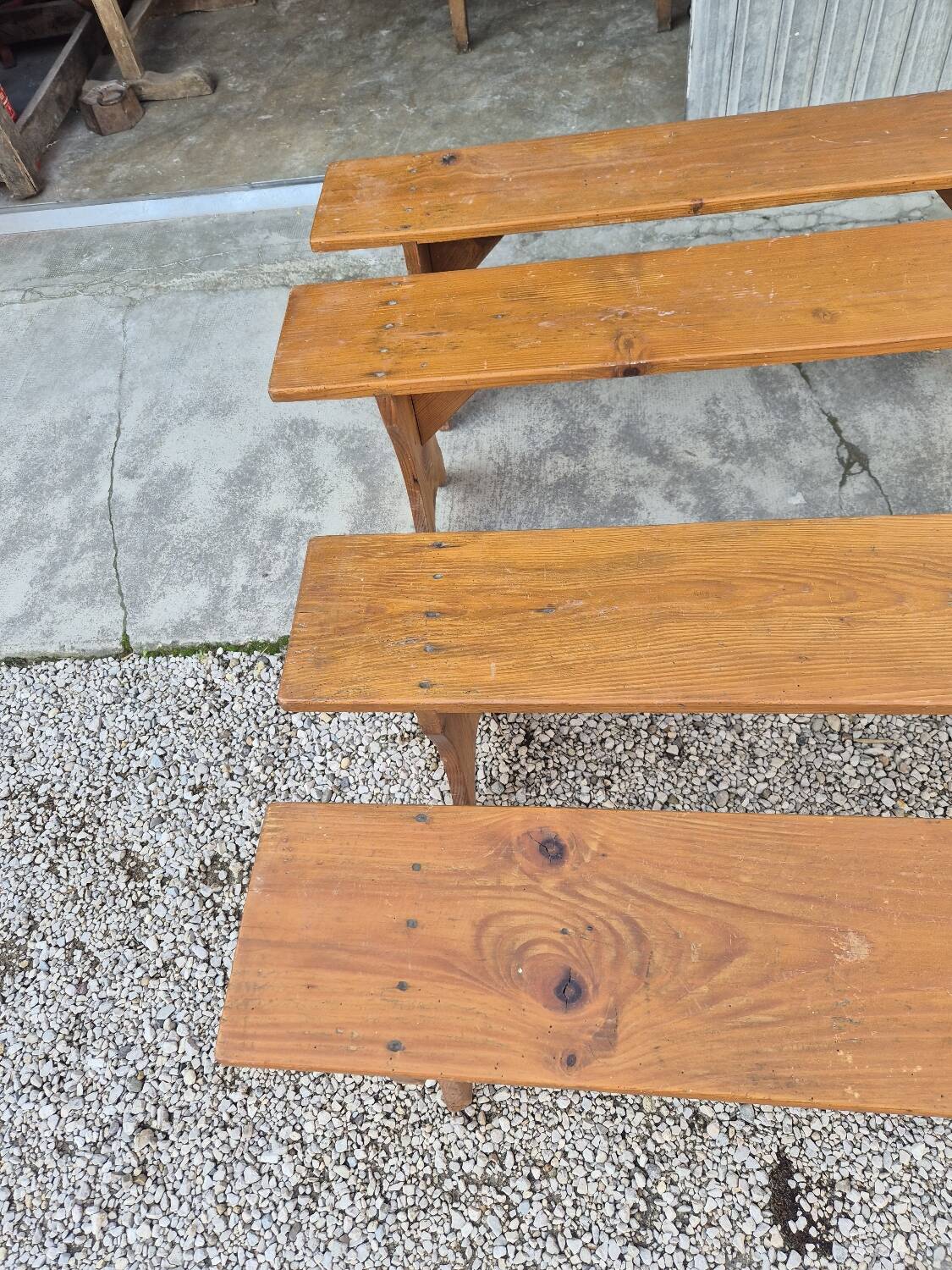 Set of 4 farm benches in old fir 1950s - 1m30