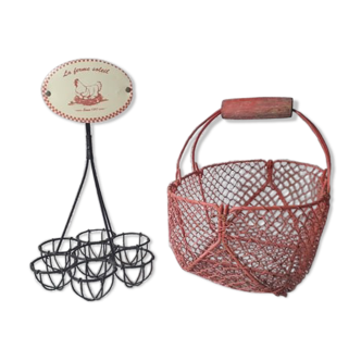 Vintage egg rack and egg basket with braided metal rods