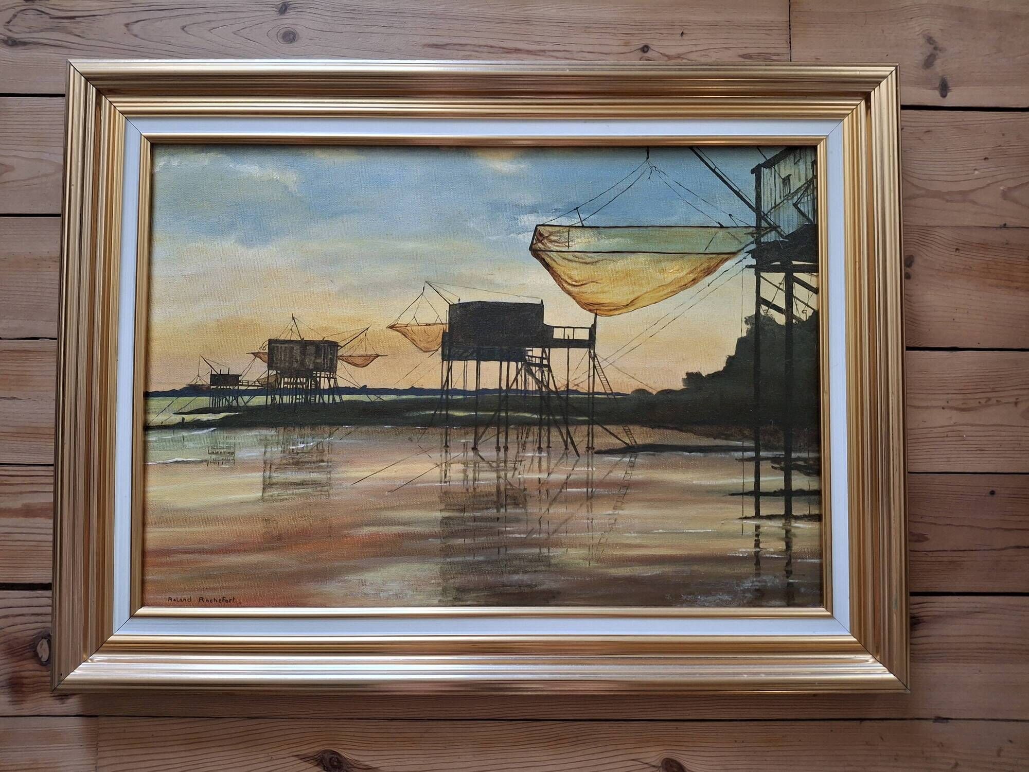 Oil on canvas Roland Rochefort signed framed Carrelets Meschers / Gironde