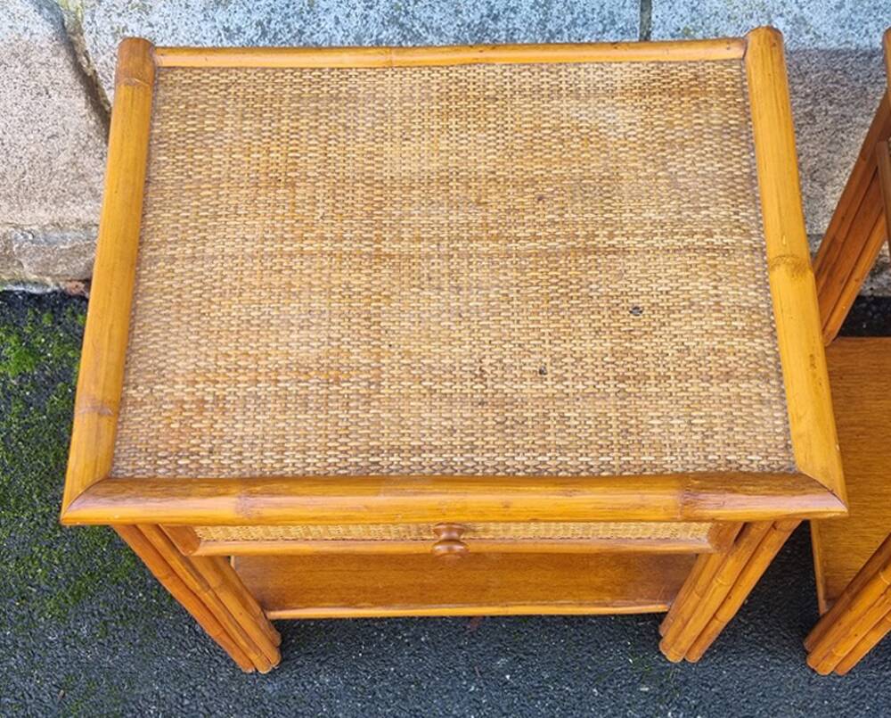 Pair of Maugrion bedside tables for Roche Bobois, bamboo, rattan 70s