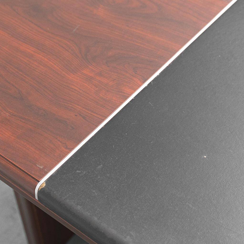 Vintage wooden desk with black faux leather insert – 1970s modernist design