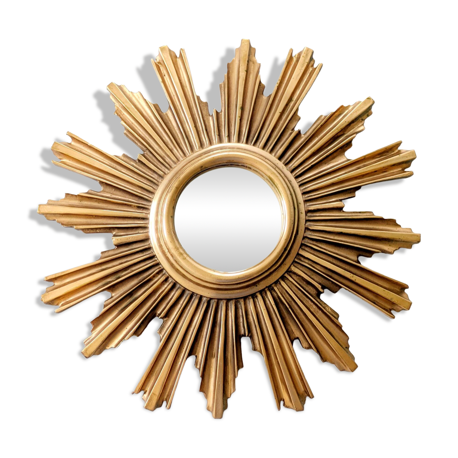 Vintage sunburst mirror in wood and gold resin, 1960s–70s