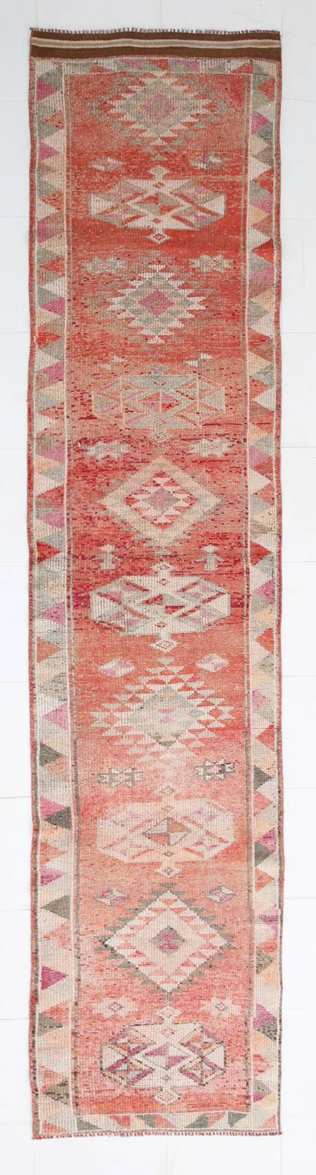 3x13 Faded Somon Distressed Hanmade Rug, Vintage Turkish Runner, 84x390Cm