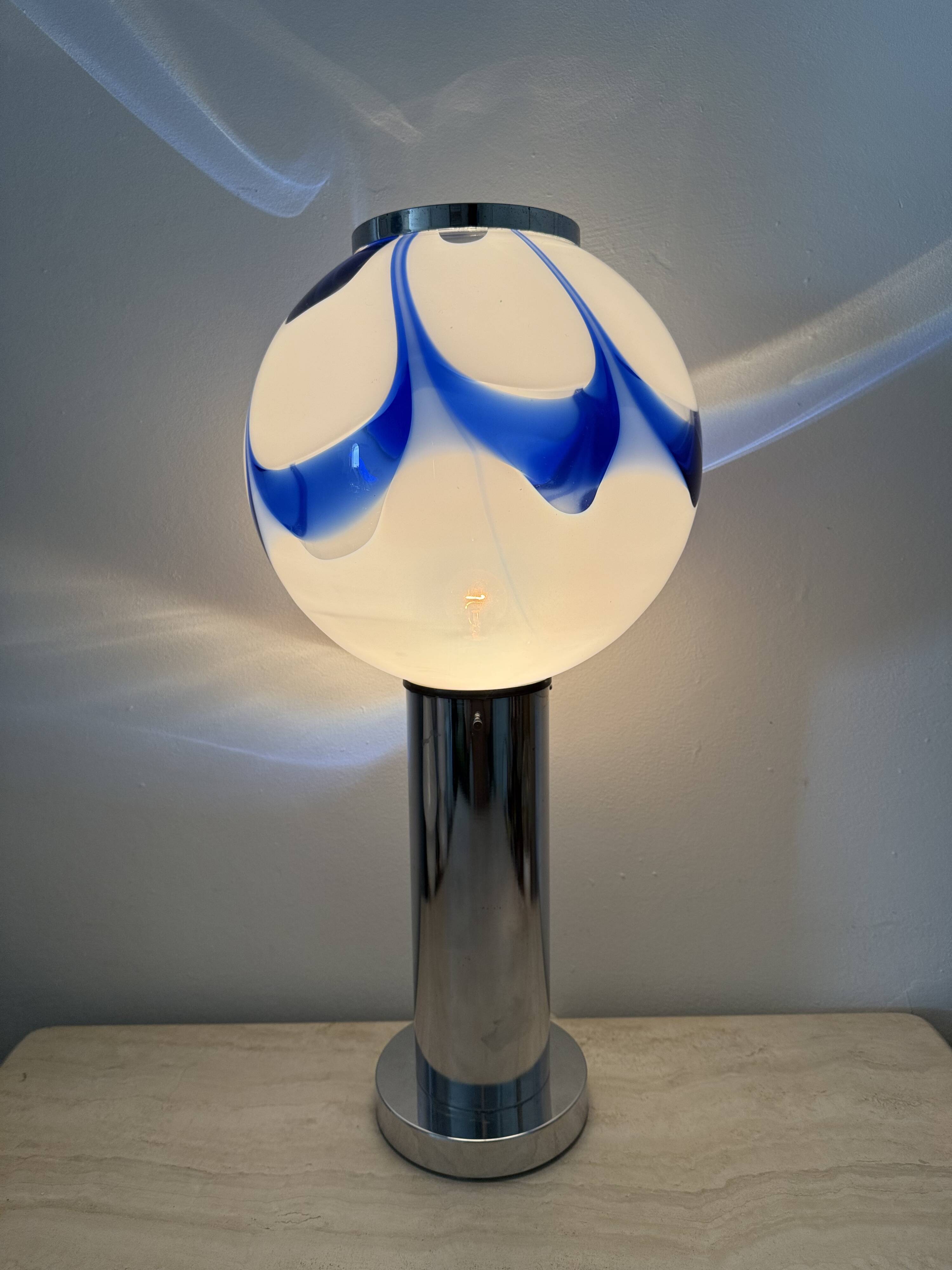 Mid – century Large glass table lamp with blue swirl , 1970s Italy