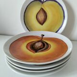 5 hand-painted dessert plates with stylised fruit designs.
