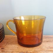 Duralex tea set, 6 large amber glass cups and saucers