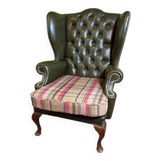 Vintage Brocante Leather Chesterfield Armchair Queen Anne style