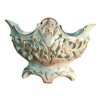 Petit vase jardinière en porcelaine ou biscuit a motif floral et dorures 12,5cm