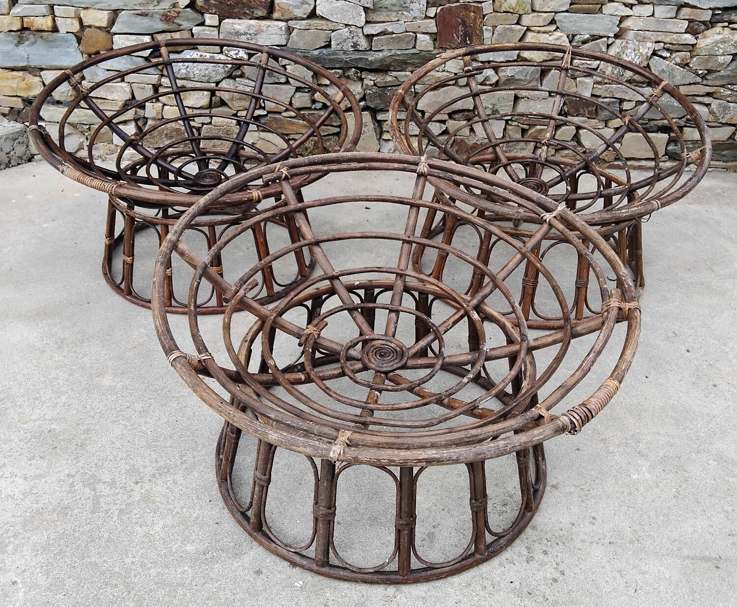 Set of 3 Vintage Rattan Half-Spherical Armchairs