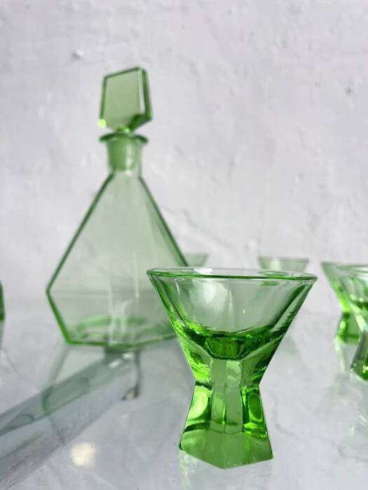 Green glass Art Deco liquor  set, Czechoslovakia 1920s-1930s
