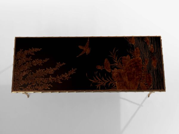 Table basse bambou laiton laque de Chine Maison Baguès 1950
