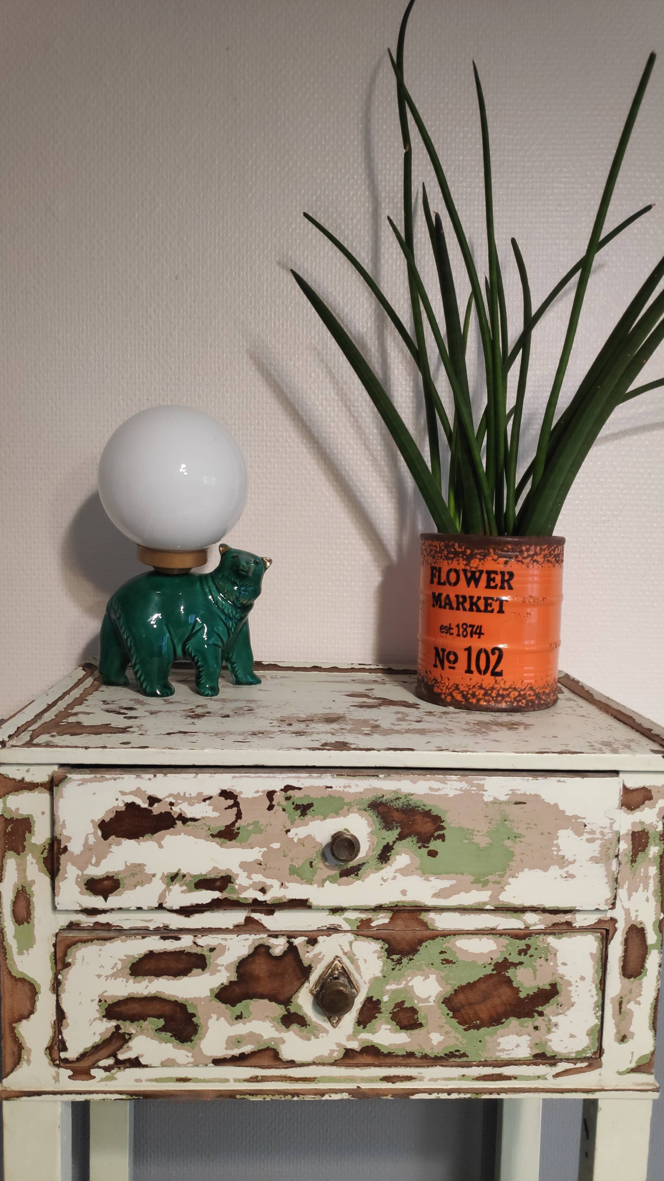 Green ceramic bear lamp and white opaline globe