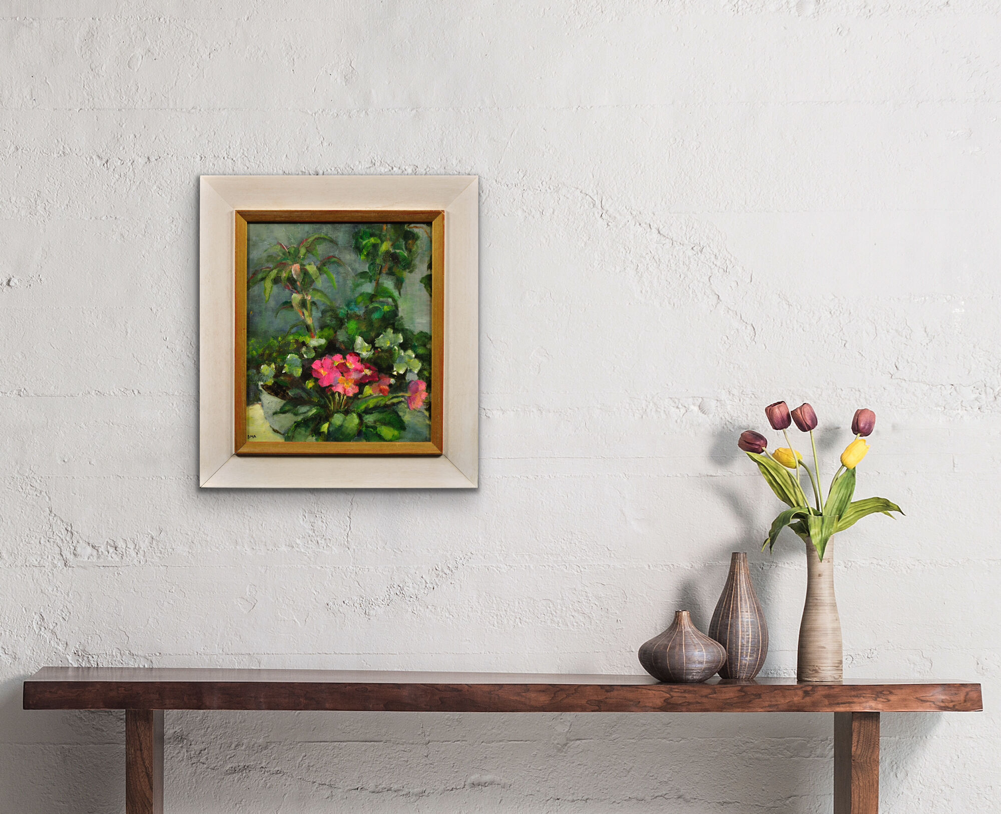 Diana maxwell's painting armfield b.1920. english. pink primulas & pot plants.