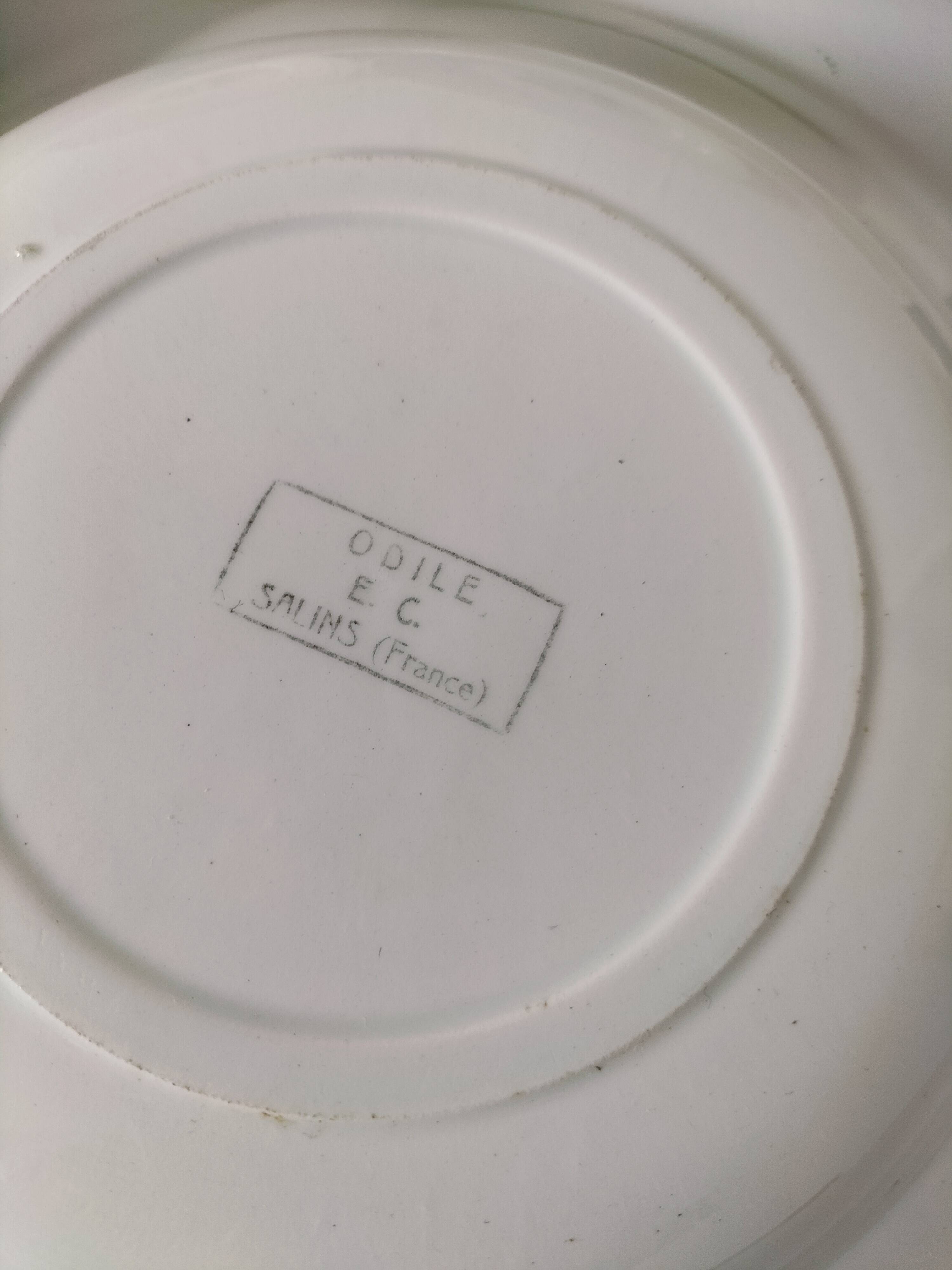 7 Salins Odile soup plates – raspberry flowers & blue border