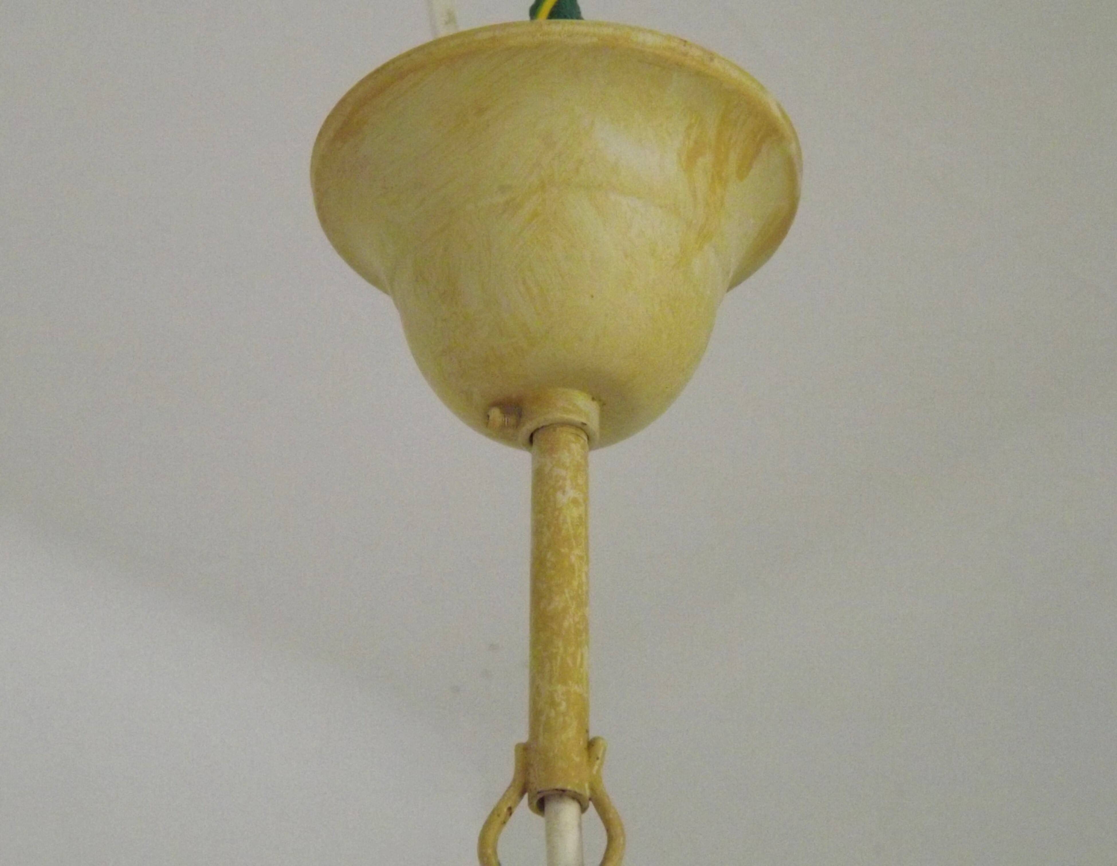 French vintage chandelier with 3 lights in leaf green metal and glass shades 5516