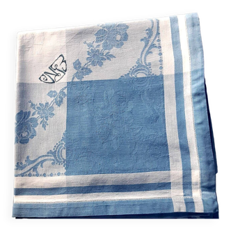 Nappe damassée blanche et bleue 1m50 x 1m50