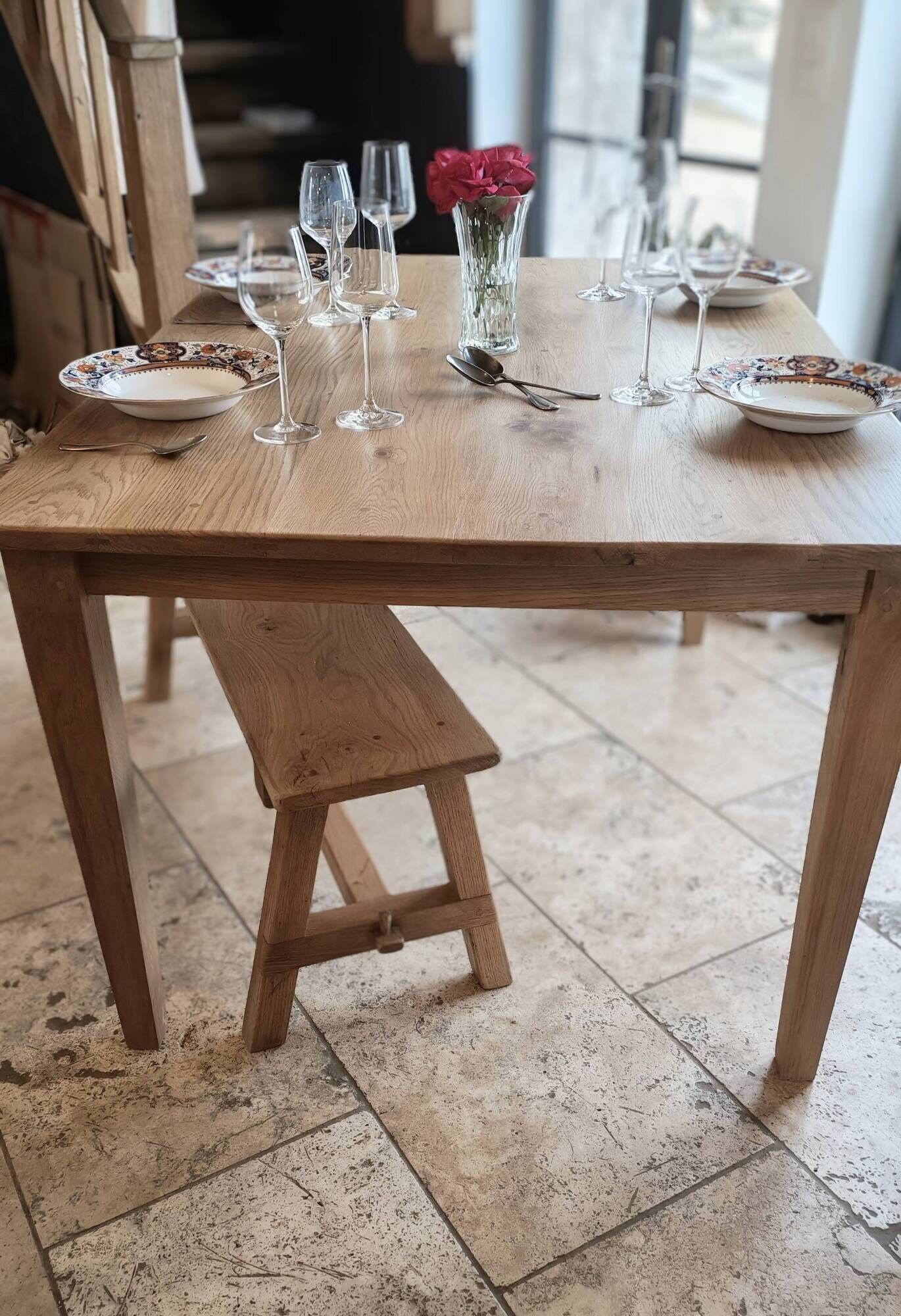 Farm table and bench ("A frame") in solid French oak.