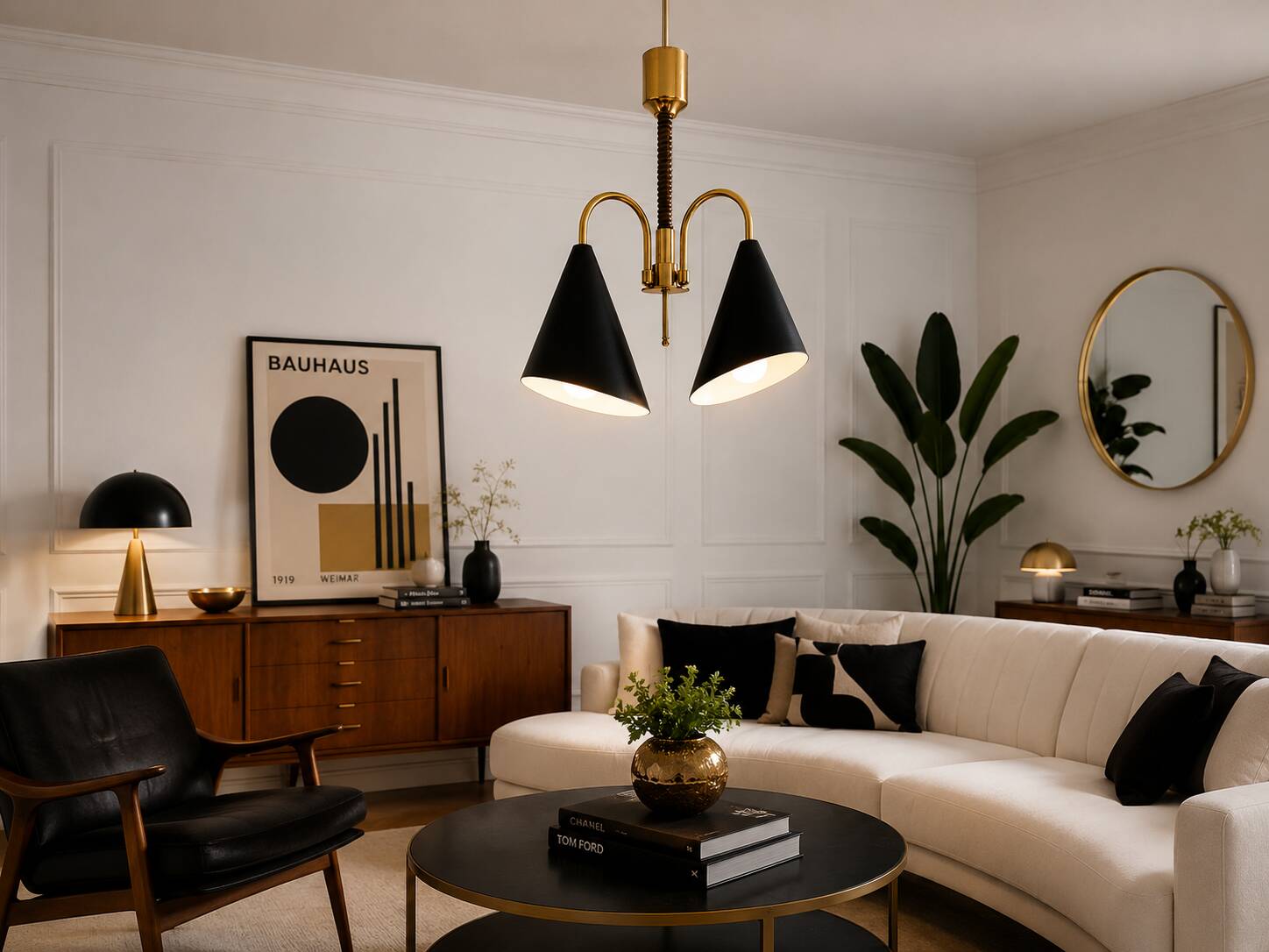 Mid-Century Modern pendant light, brass and metal, 1970s.