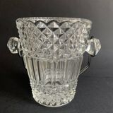 Seau à glace en verre taillé pointe de diamant et anse en métal chromé, années 60