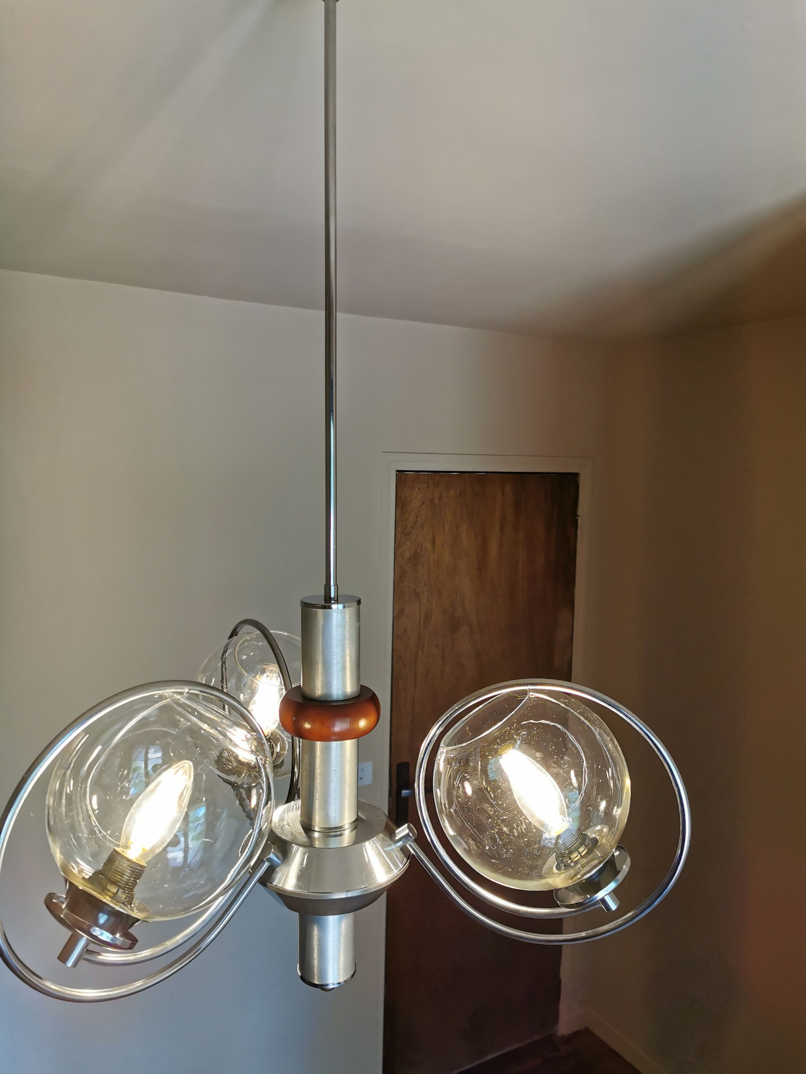 Vintage chrome metal chandelier, wood and 3 glass globes