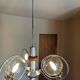 Vintage chrome metal chandelier, wood and 3 glass globes