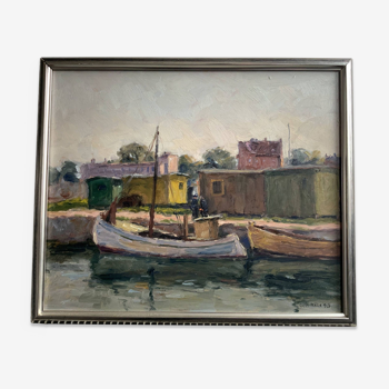 Mid-20th century Modernists oi painting with fisherman's boats 1963
