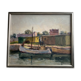 Mid-20th century Modernists oi painting with fisherman's boats 1963