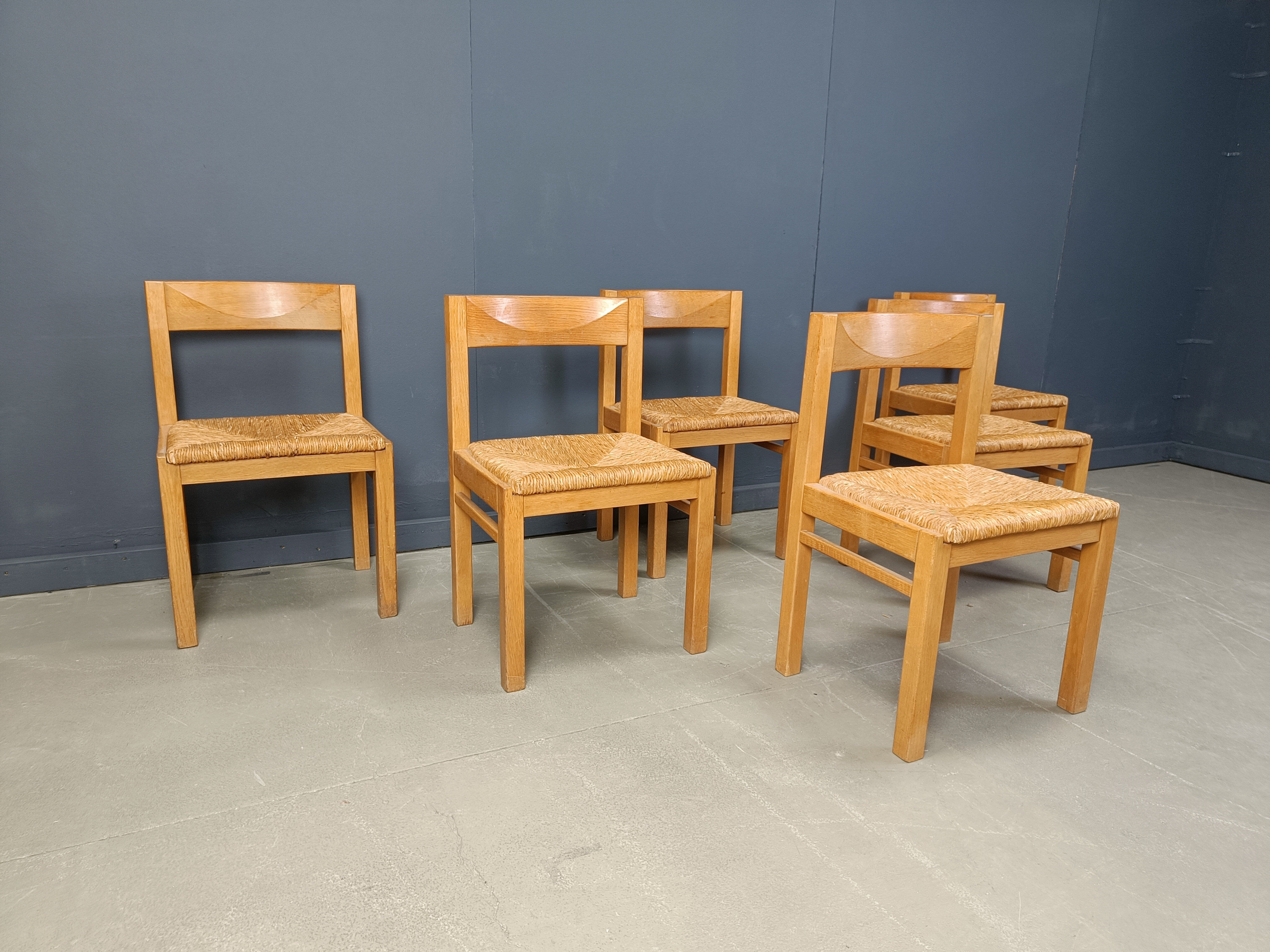 Vintage oak and wicker dining chairs, 1960s
