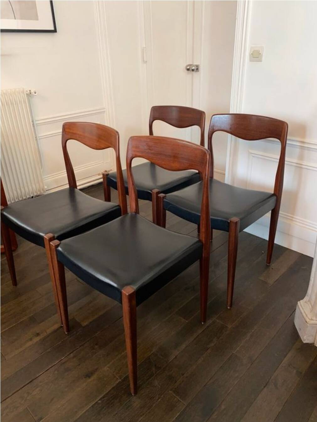 Set of 4 vintage designer chairs in teak and black skai 60's