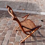 Bamboo folding chair and caning, leather and brass