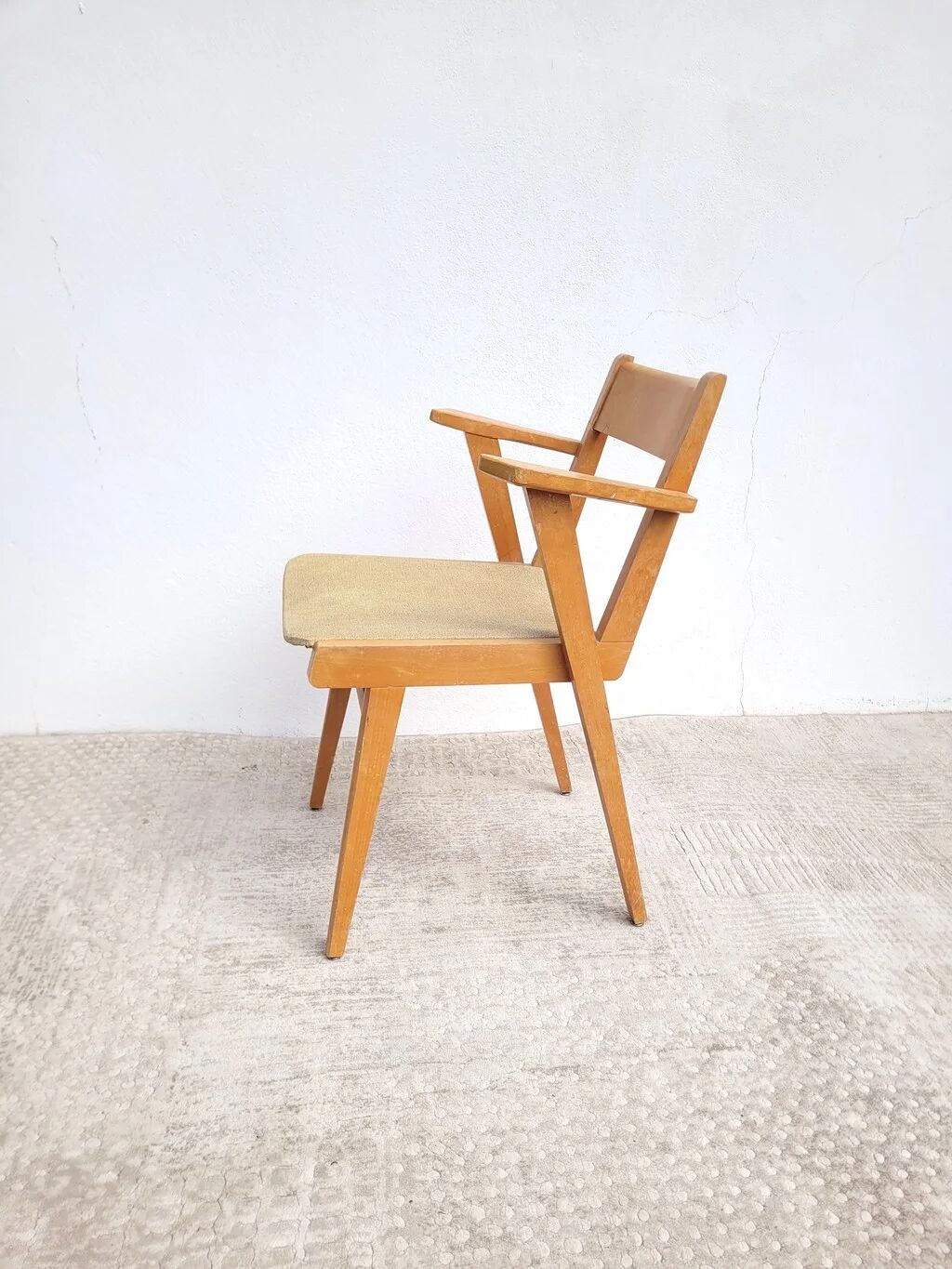 Vintage bridge armchair in beech and pale yellow faux leather from the 1960s.