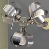 Space-age pendant lamp with 3 stainless steel lights and brushed aluminum adjustable in height - design 1970