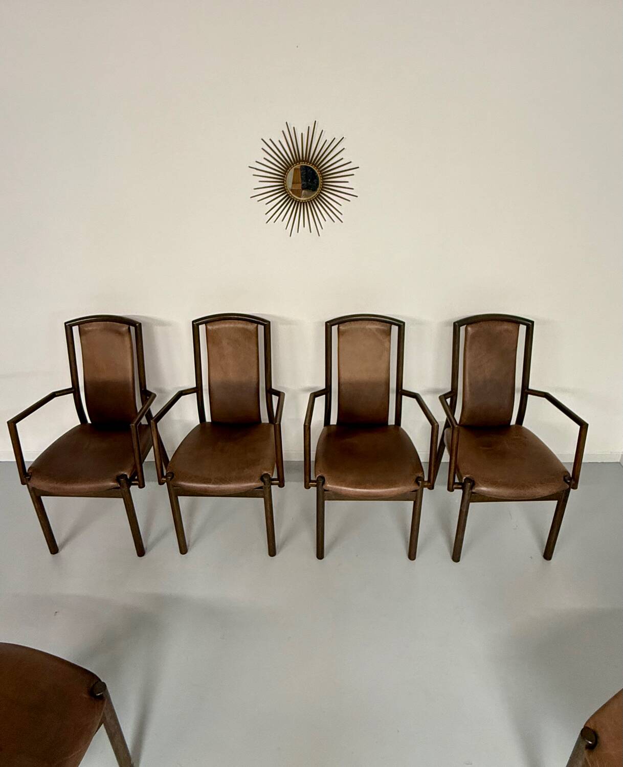 Set of 8 wooden and thick leather armchairs, Girsberger design, 80s