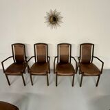 Set of 8 wooden and thick leather armchairs, Girsberger design, 80s