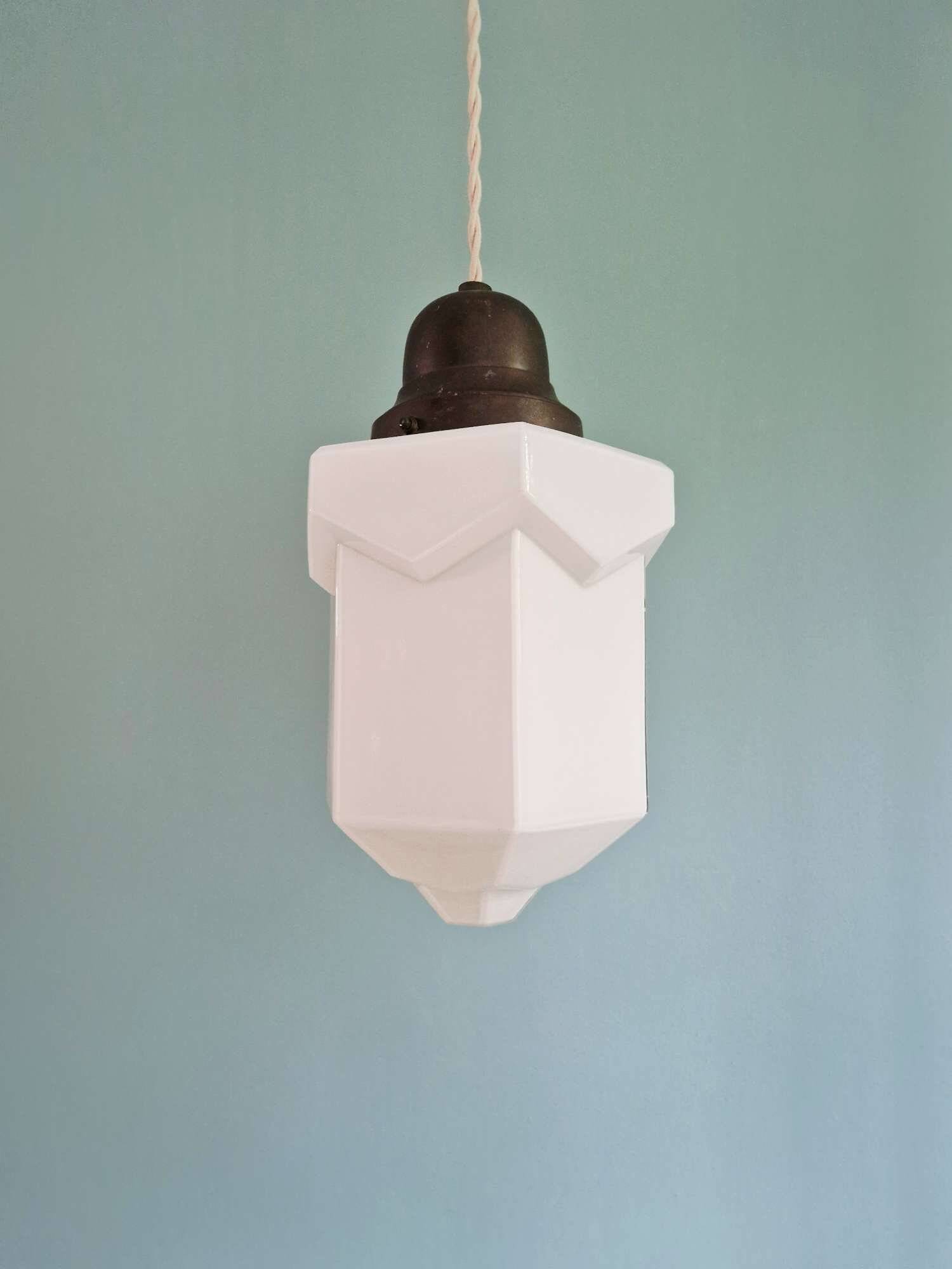 Art Deco skyscraper pendant lamp in white opaline, 1920-30