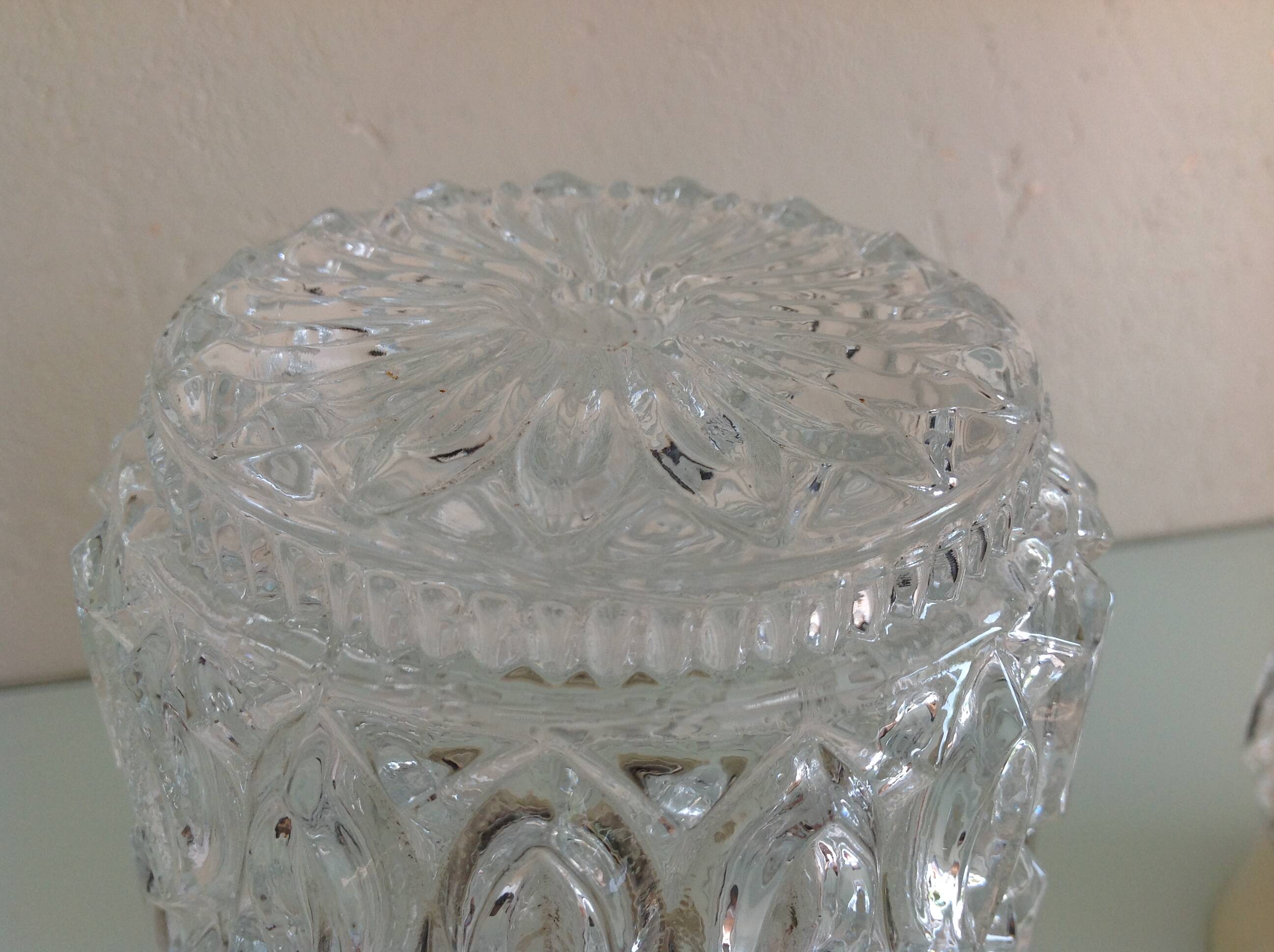 Pair of cylindrical structured glass ceiling lights / vintage 60s-70s