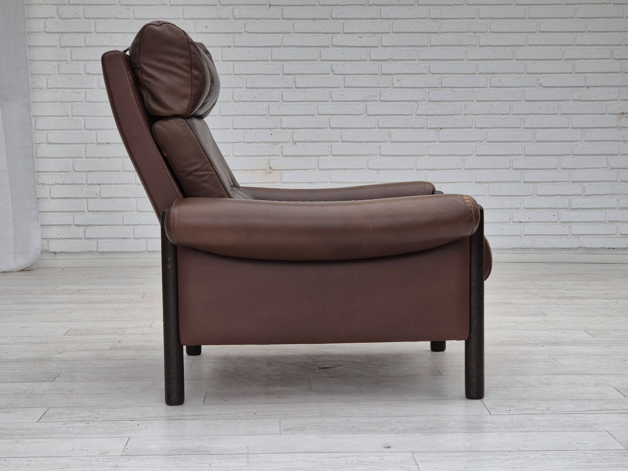 1970s, Danish armchair, original condition, furniture leather, dark oak wood.