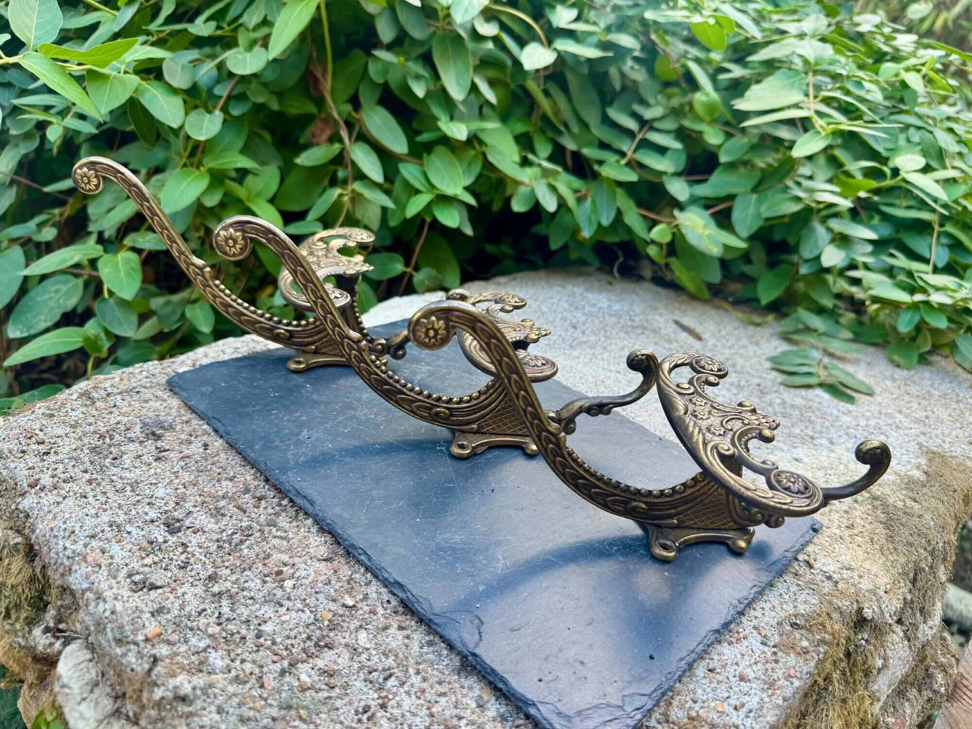 3 vintage Italian baroque brass coat hooks