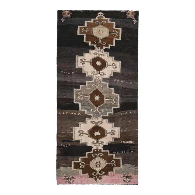 1970s Turkish Hand-Knotted Wool Cotton Brown Runner Rug 149x320