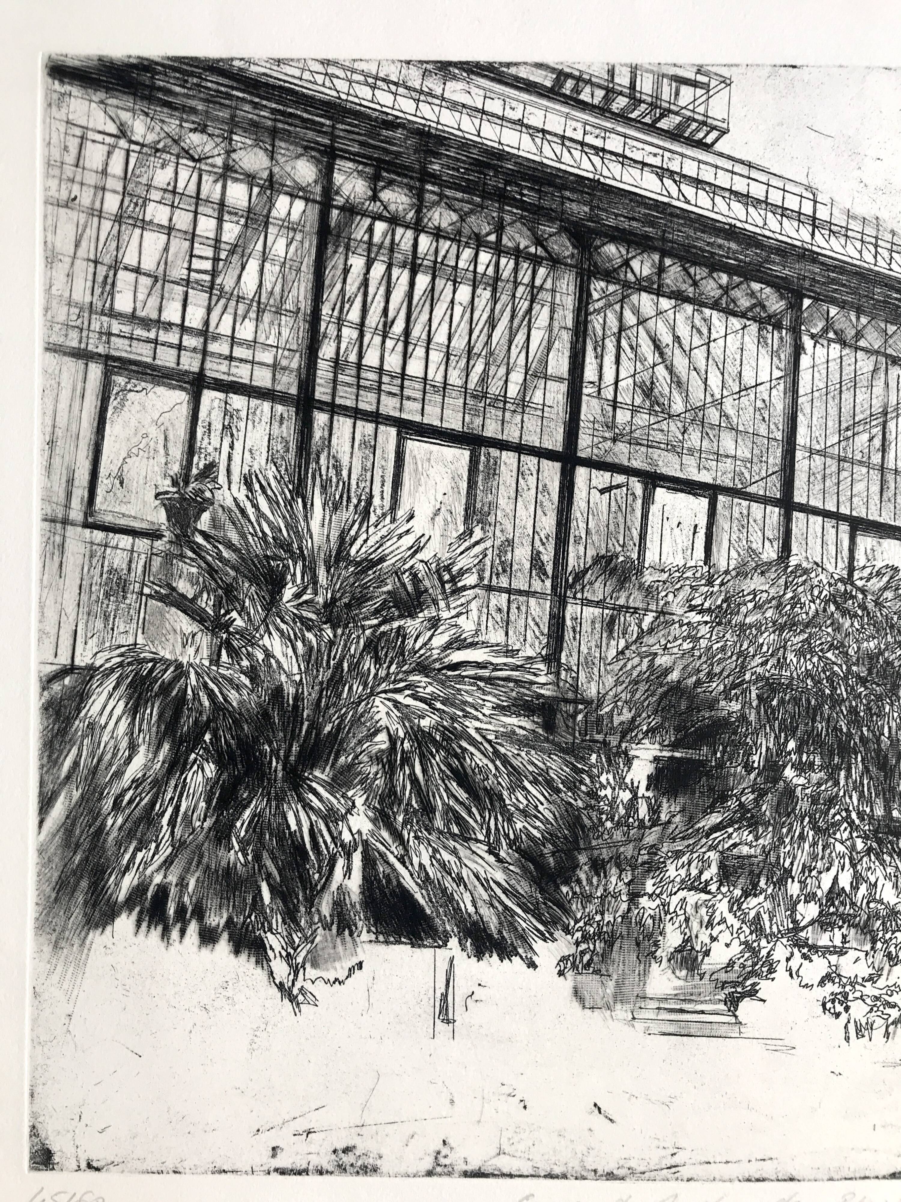 Nicole BOUHARMONT, Greenhouses and Botanical Gardens. Drypoint signed in chalk