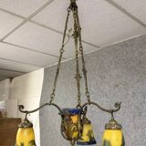 After Muller by Lafite: Art Nouveau bronze and glass paste chandelier