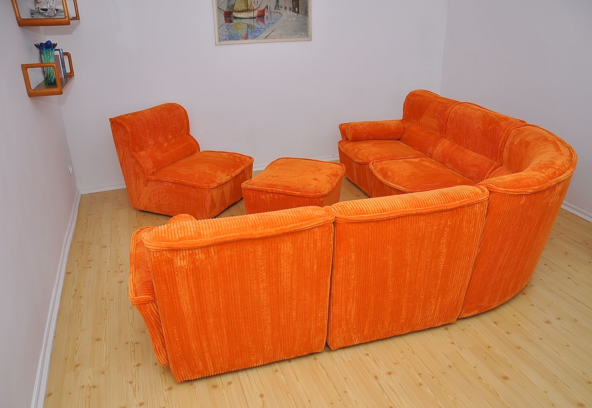 Laauser orange corduroy modular sofa, 70s