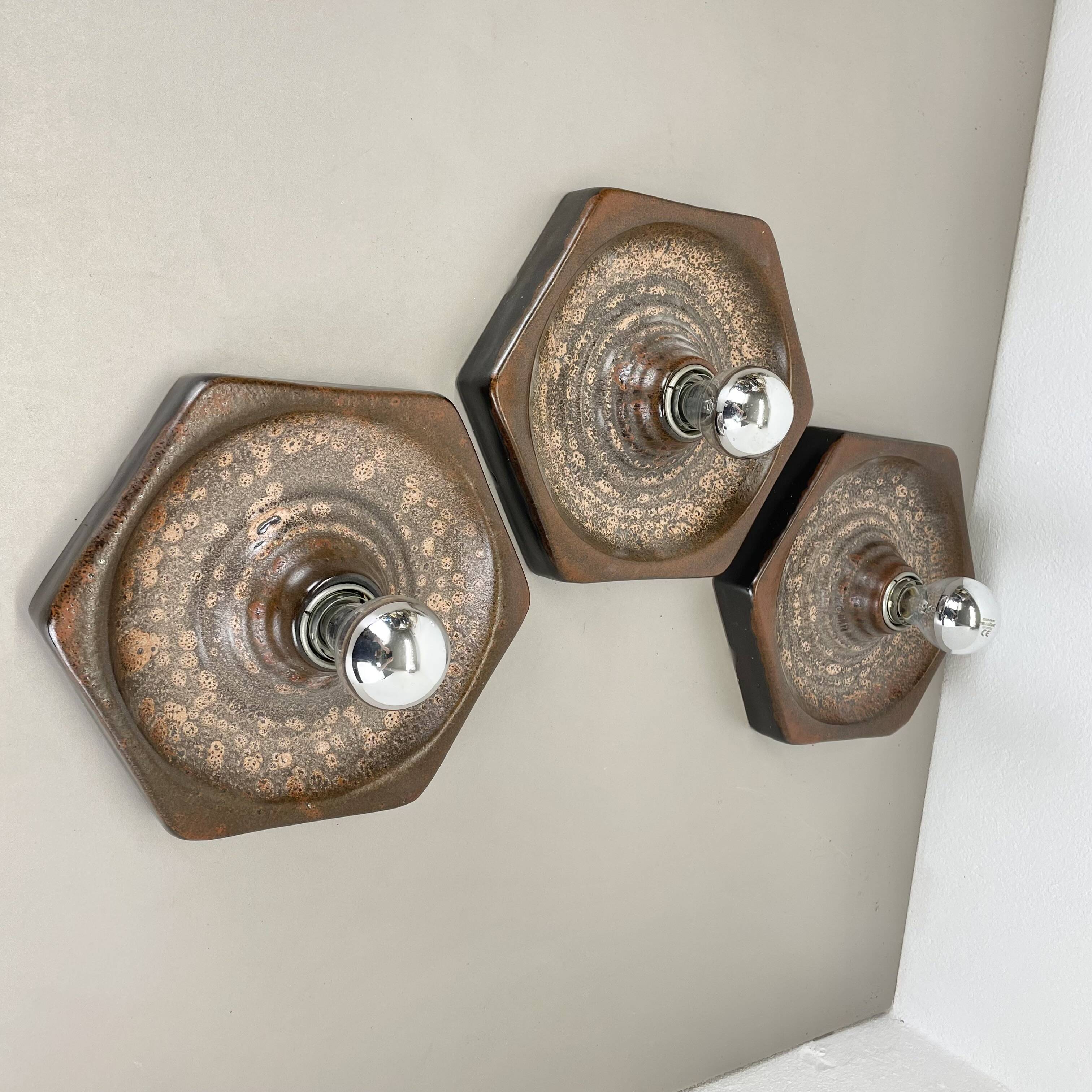 Set of Three brown Ceramic SPUTNIK Wall Lights by Pan Ceramics Germany 197