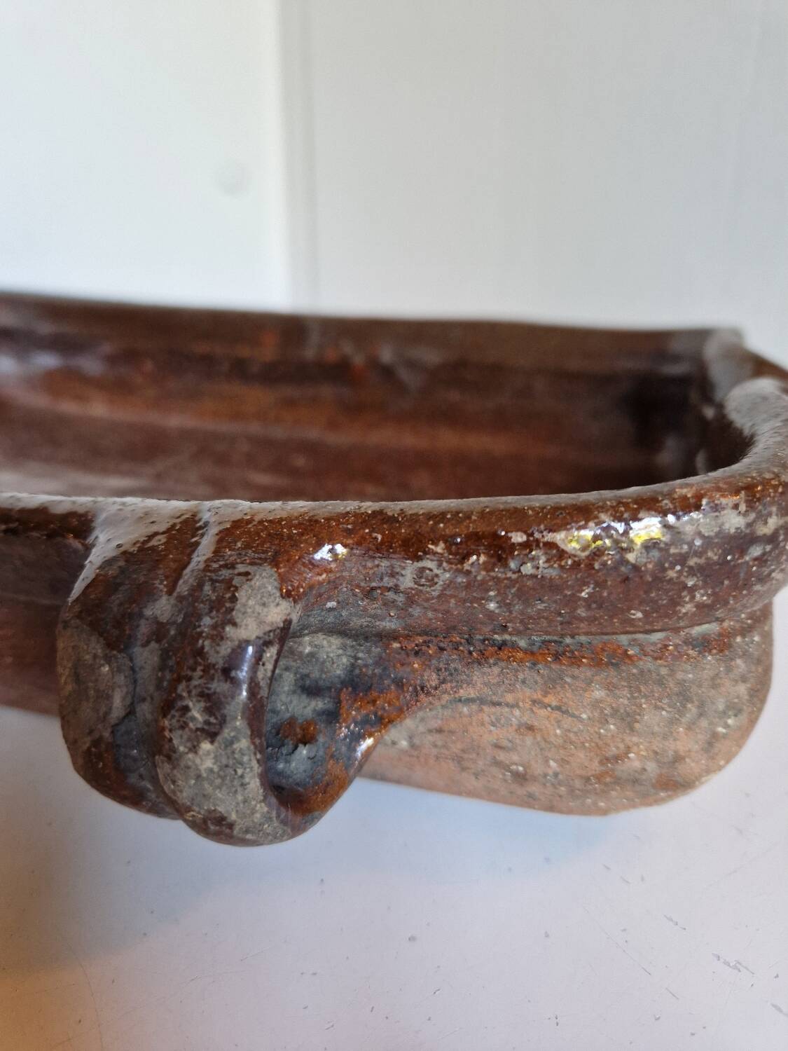 Ancien Plat À Jus Lechefrite 19e Terre Cuite Vernissée Art Populaire