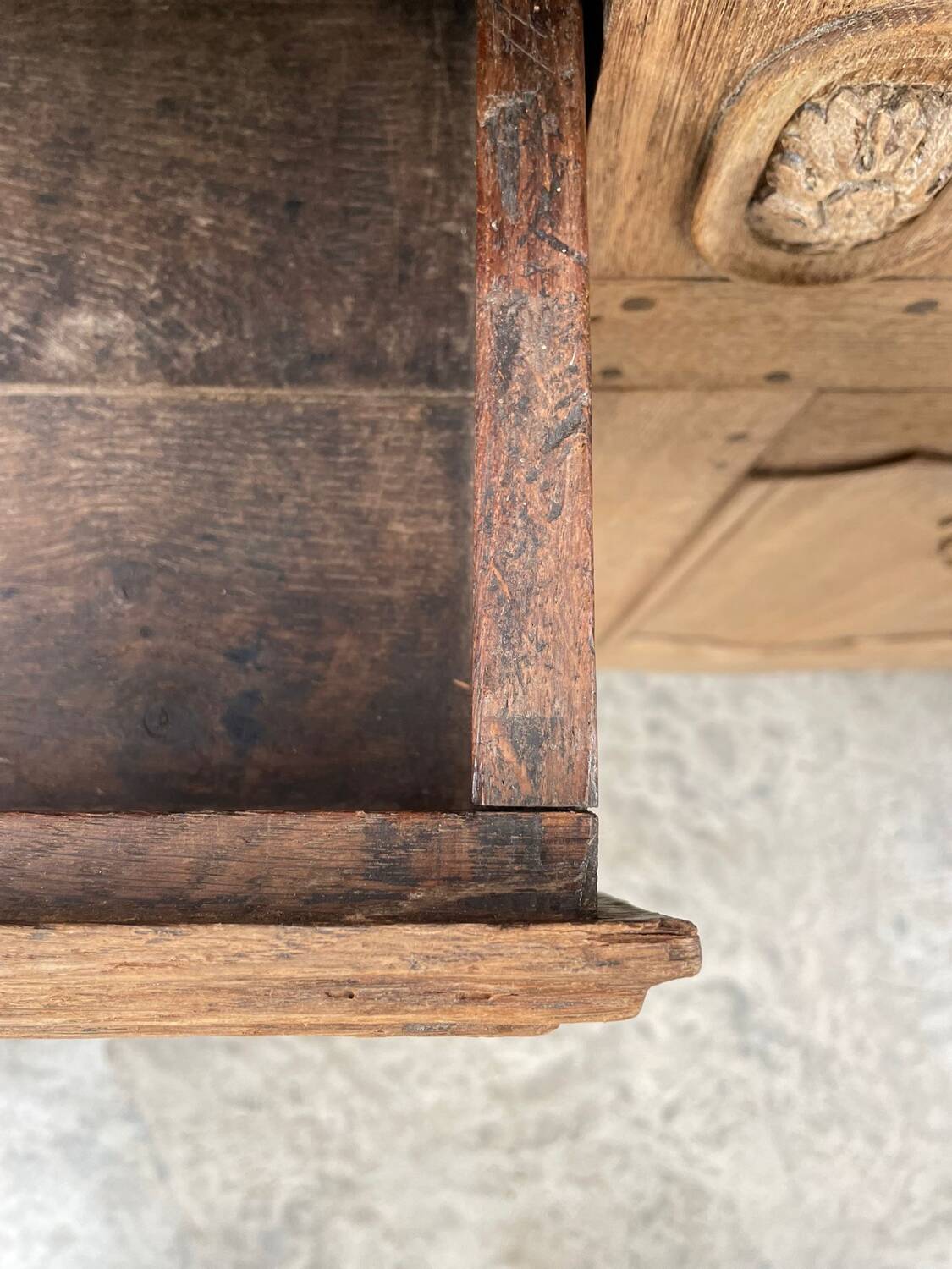 Solid oak rustic sideboard / buffet cabinet with carved details