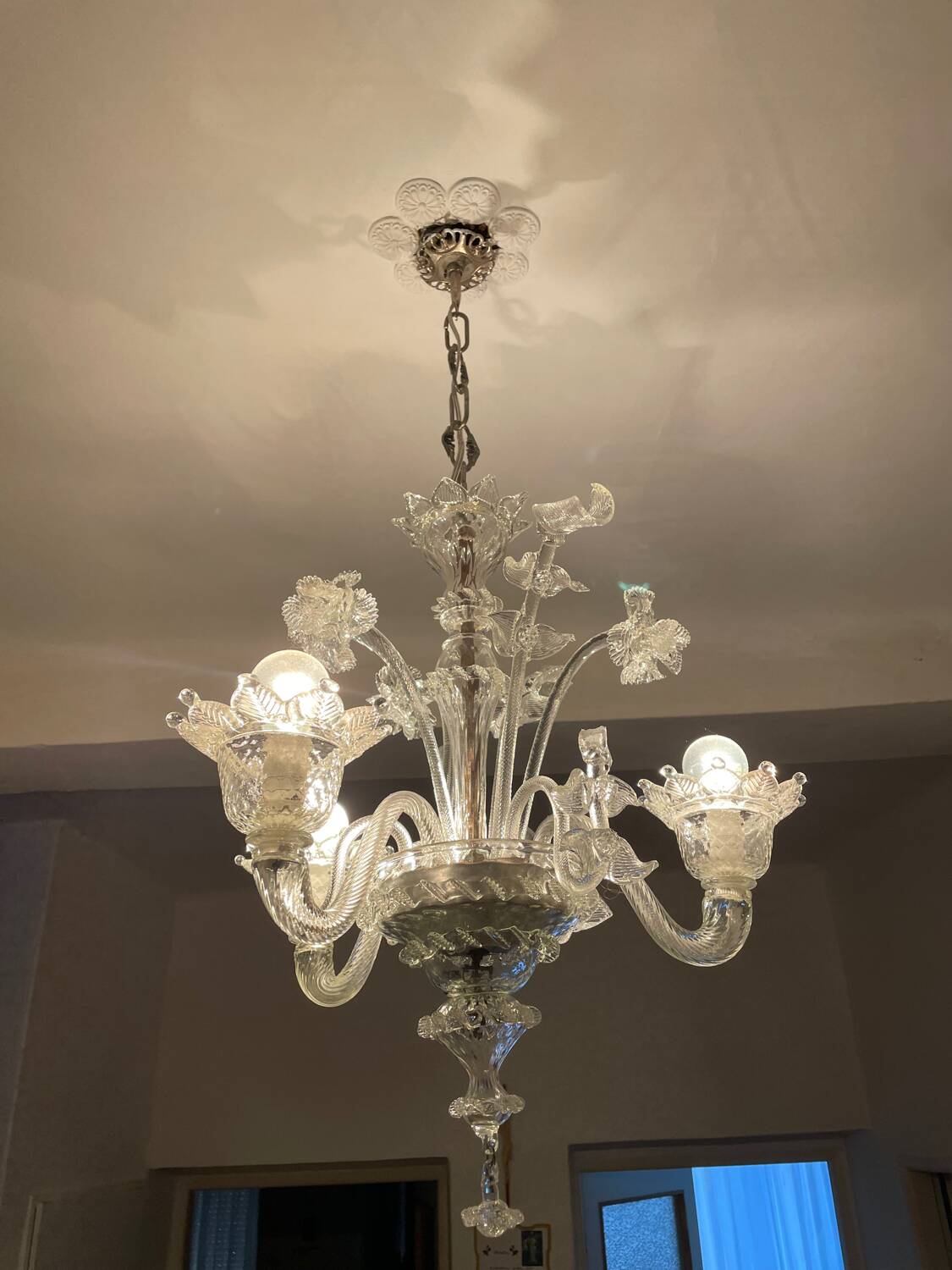 Lustre authentique en verre de Murano – 3 branches – Transparent