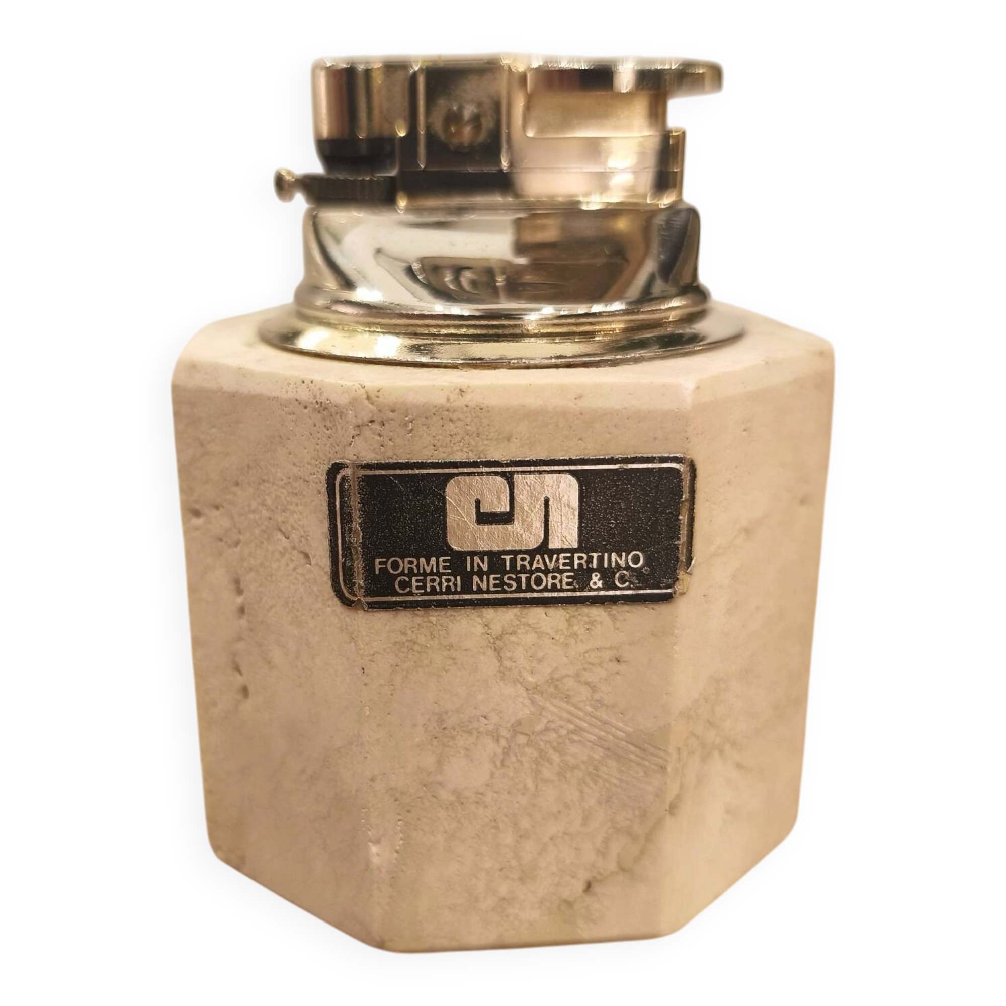 Travertine ashtray and lighter, design by Cerri Nestore, 1970.