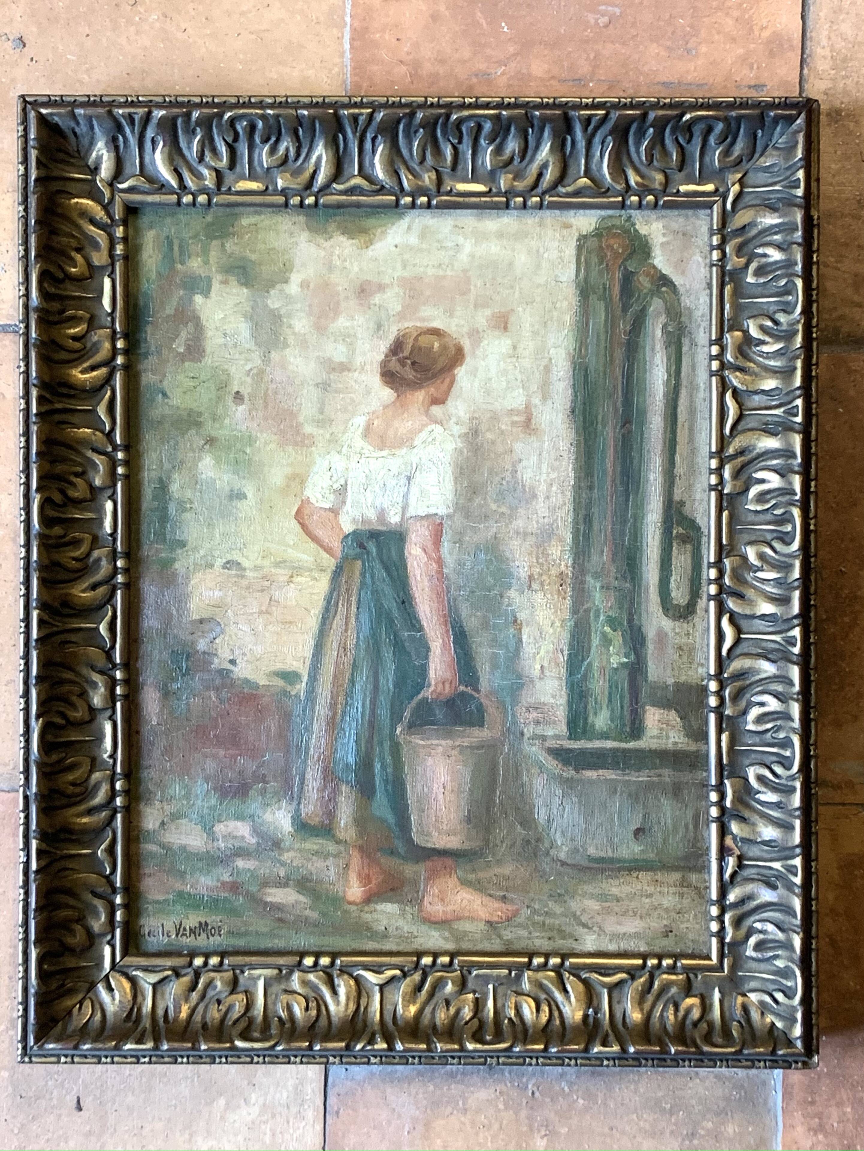 Cécile Van Moé. 19th Century Charming oil on canvas presenting a young woman near a well.