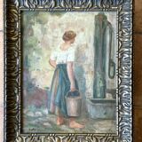 Cécile Van Moé. XIXe Charmante huile sur toile présentant une jeune femme près d’un puits.