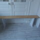 Farm bench, end of bed leg patinated pearl gray, wooden seat